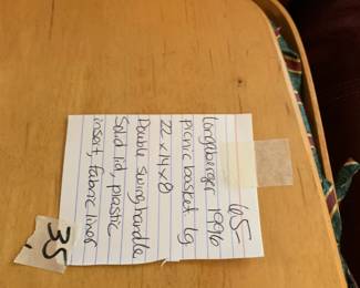 #35	Longaberge4t 1996 picnic Basket Large 22x14x8 Double Swing Handle solid lid, plastic insert, fabric liner	 $65.00 