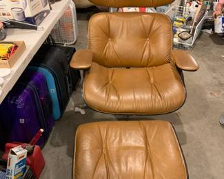 #107	Camel Colored Stress-like chair w/ottoman  (missing two buttons on ottoman)	 $100.00 