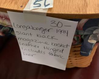 #56	Longaberger 1994 Slant Back Magazine basket leather Hinged includes Fabric Liner	 $30.00 