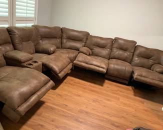 #1	brown leather look 3 piece sectional recliner w cup holders  sofa74 lx corner55lx sofa 84l 	 $300.00 