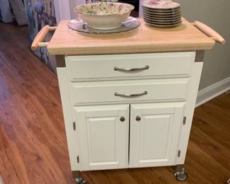 #136	Rolling Butcher Block Island w/White Laminate Base - 2 drawers & 2 doors on Wheels - 34x18x36	 $125.00 