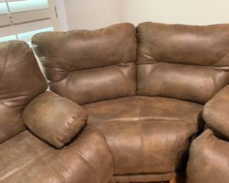 #1	brown leather look 3 piece sectional recliner w cup holders  sofa74 lx corner55lx sofa 84l 	 $300.00 