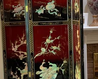 #21	Black Laquer Chinese Screen w/Mother of Pearl Birds - 4 panels - Each Panel - 18x72	 $175.00 