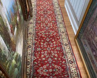 #72	Hand-knotted Runner Rug - 30x135 Burgancy/Cream (needs cleaning)	 $175.00 