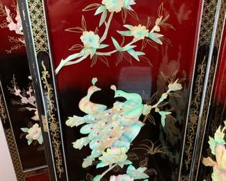 #21	Black Laquer Chinese Screen w/Mother of Pearl Birds - 4 panels - Each Panel - 18x72	 $175.00 