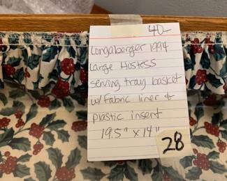 #28	Longaberger 1994 Large Hostess Serving Tray Basket w/fabric liner & plastic insert - 19.5x14	 $40.00 