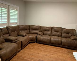 #1	brown leather look 3 piece sectional recliner w cup holders  sofa74 lx corner55lx sofa 84l 	 $300.00 