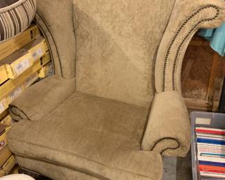 #111	Tan Corduroy Wingback Chair w/nailhead trim w/q/a Feet (as is finish)	 $30.00 