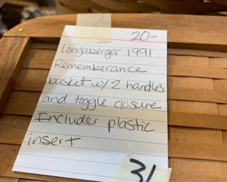 #31	Longaberger 1991 ememberance Basket w/2 handles & toggle closure includes plastic insert	 $20.00 