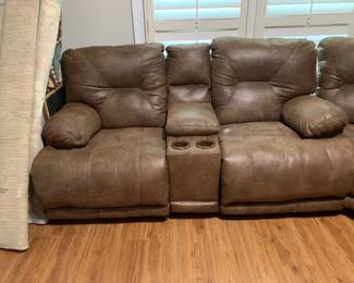 #1	brown leather look 3 piece sectional recliner w cup holders  sofa74 lx corner55lx sofa 84l 	 $300.00 