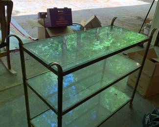 #105	Brass & Glass 3 Shelf Rolling Cart (as is one wheel) - 39x17x32	 $75.00 