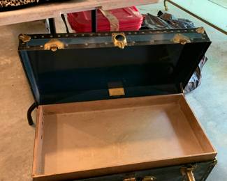 #125	Wood Blue Trunk w/brass Buckles & Latch w/tray - Horn Luggage - 30x16x12	 $20.00 