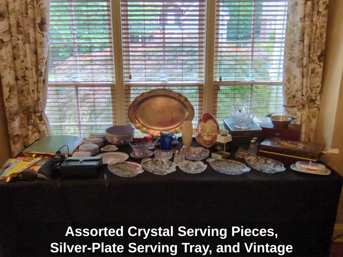 Assorted Crystal Serving Pieces, SilverPlate Serving Tray, and Vintage Crystal Table Lamp