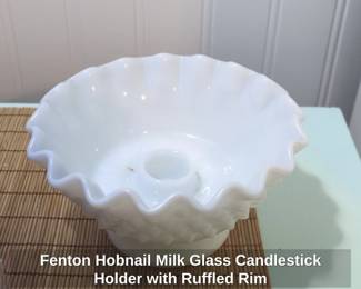 Fenton Hobnail Milk Glass Candlestick Holder with Ruffled Rim