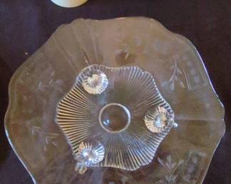 Etched Glass Footed Cake Stand or Compote  Jeannette Glass Harp Pattern