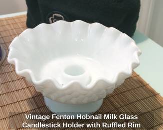 Vintage Fenton Hobnail Milk Glass Candlestick Holder with Ruffled Rim