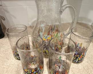 Hand Blown Mexican Confetti Glass Pitcher and Tumbler Set