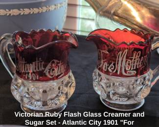 Victorian Ruby Flash Glass Creamer and Sugar Set  Atlantic City For Mother