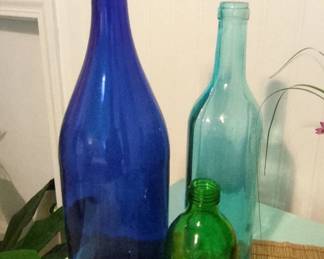 Assorted Vintage Cobalt Blue, Aqua, and Emerald Green Glass Bottles