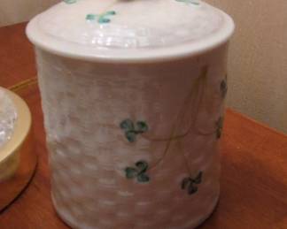 Belleek Shamrock Pattern Basketweave Jar