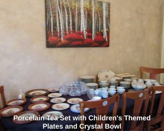 Porcelain Tea Set with Childrens Themed Plates and Crystal Bowl