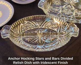 Anchor Hocking Stars and Bars Divided Relish Dish with Iridescent Finish