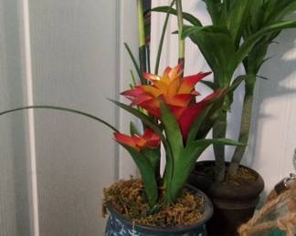 Artificial Bromeliad Plant in Ornate Pot with Artificial Dracaena Plant