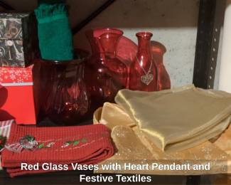 Red Glass Vases with Heart Pendant and Festive Textiles