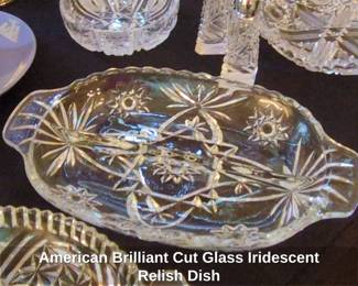 American Brilliant Cut Glass Iridescent Relish Dish