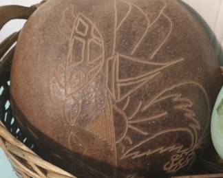 Carved Gourd Decorative Object  Folk Art Orchid