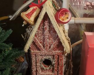 Red Wooden Birdhouse Christmas Ornament with Bell and Bauble