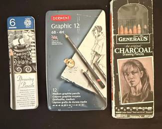 Derwent Graphic Set, Generals Charcoal Drawing Pencils, and Unnamed Shade Drawing Pencil Tin
