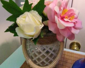 Faux Pink Peony and White Rose Floral Arrangement in Decorative Glass Vase