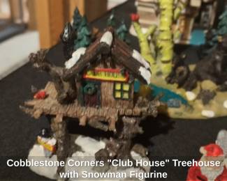 Cobblestone Corners Club House Treehouse with Snowman Figurine