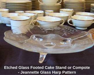 Etched Glass Footed Cake Stand or Compote  Jeannette Glass Harp Pattern second image