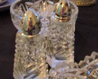 Cut Crystal Salt and Pepper Shakers with Silver Plate Tops