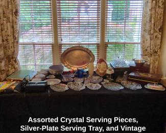 Assorted Crystal Serving Pieces, SilverPlate Serving Tray, and Vintage Crystal Table Lamp