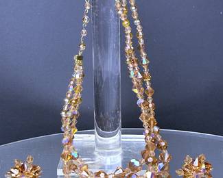 Vintage 1950s Amber Aurora Borealis  Rhinestone Necklace & Matching Clip On Earrings