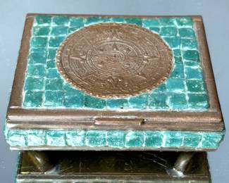 Vintage Mid Century Cigarette Box of Aztec Calendar framed around by Mexican Jade & from Mexico