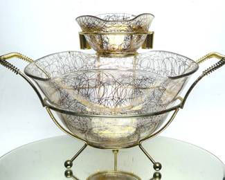 Vintage Mid Century Atomic Age Glass Bowls with Gold  Spaghetti Details Chip & Dip Set