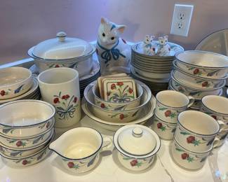 Large set of Lenox Poppies on Blue, including cat cookie jar and salt and pepper shakers
