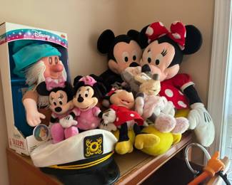 Mickey Mouse and Minnie Mouse plush, and vintage Sleepy doll in box