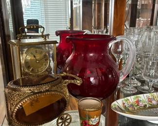 Vintage Ormolu filigree carriage jewelry box, Vintage ruby red art glass pitcher with clear handle