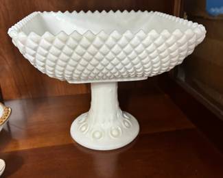 L.E. Smith diamond milk glass square pedestal compote