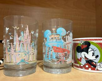 Vintage Walt Disney World 25th Anniversary celebration glasses from Magic Kingdom and Disney's MGM Hollywood Studios