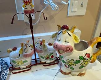 Vintage Japanese ceramic "Bessie the Cow" creamer and sugar set with large pitcher and metal stand
