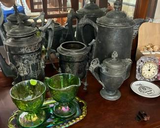 Silver plate/ pewter vintage pieces and Vintage Indiana Glass Company "Harvest Grape" green carnival glass sugar and creamer set with tray