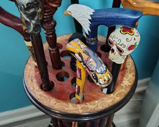 Designer cane holder made with carved wood