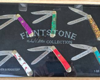 Amazing Michael Prater Hen and Rooster Flinstone Collection knives including the Jasper trapper , dinosaur club trapper , chrysocolla club trapper , turquoise trapper , and otster trapper