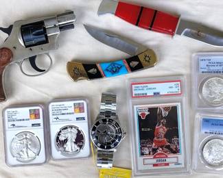 This sale has an amazing selection of silver US coins , graded sports cards , invicta special edition watches 